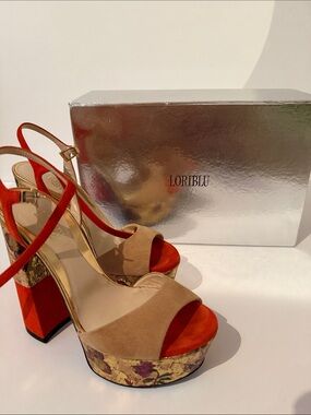 Loriblu Beige Suede & Red Floral-Accent Platform Slingbacks
